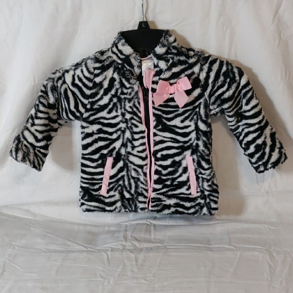 Little Lass Faux Fur Zebra Print/Pink Trim Jacket Size 2T‎